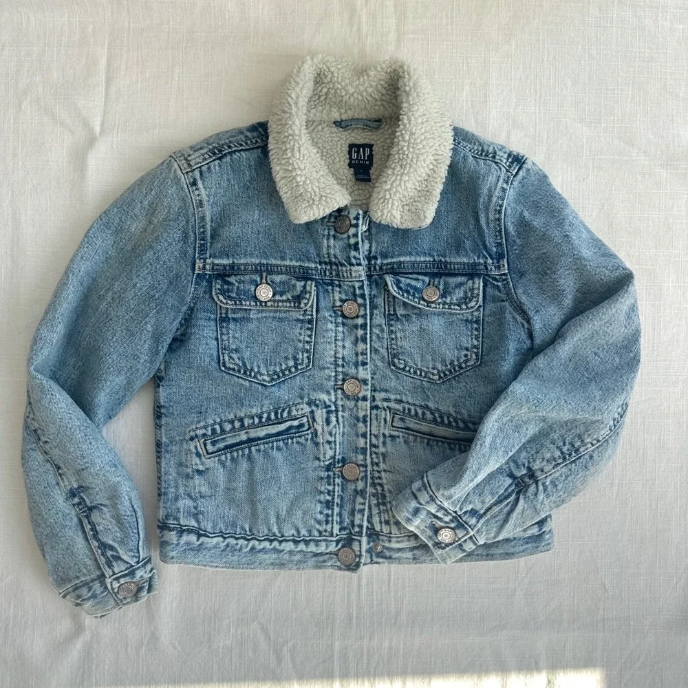 Gap Kids Sherpa Lined‎ Denim Icon Jacket Light Wash Blue Size L 10-11 413974-00
